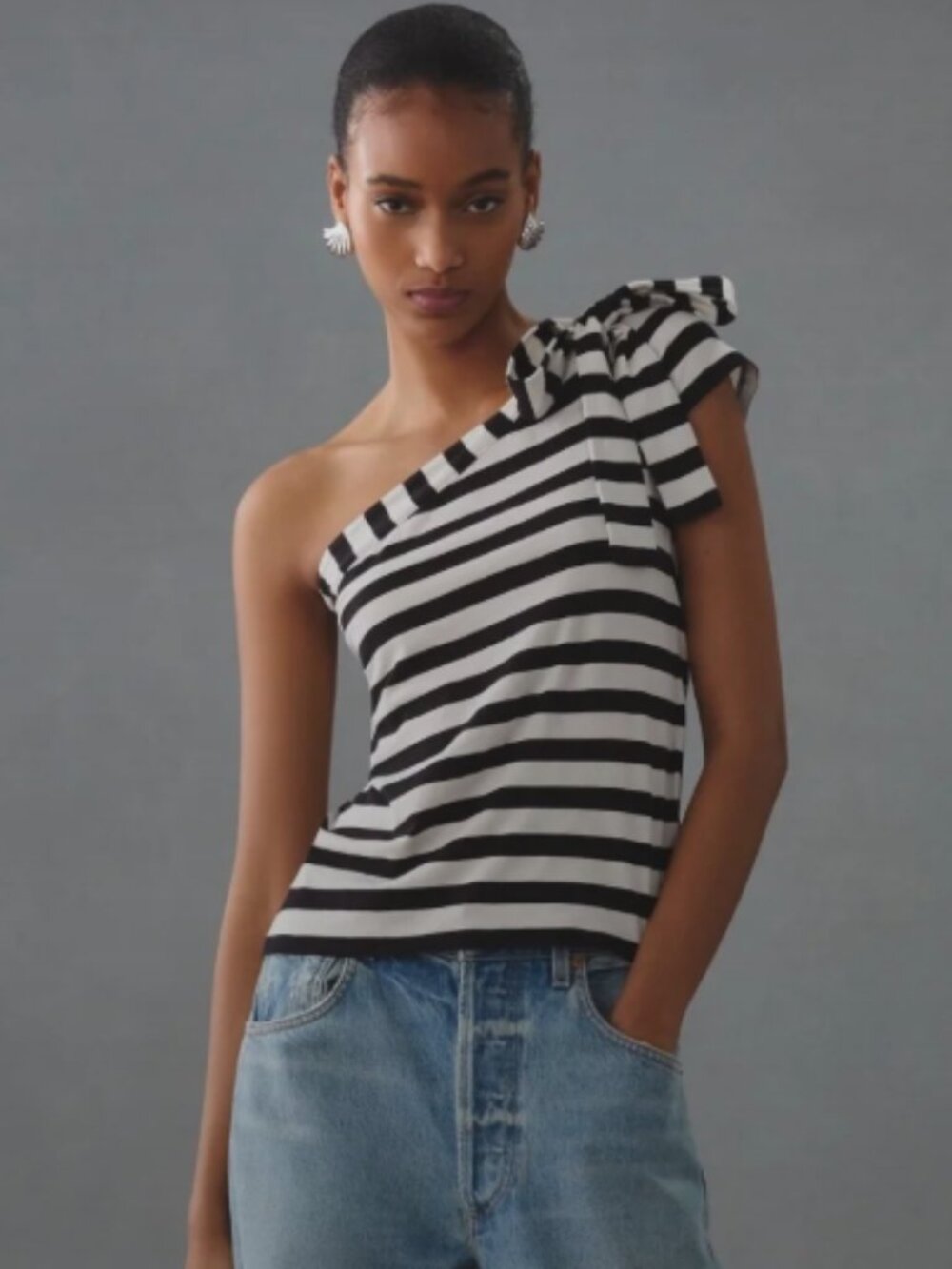 Anthropologie Maeve Striped One-Shoulder Bow Top - Size XXS